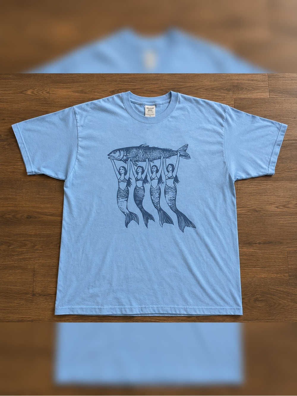Light Blue Tee with Navy Fish & Mermaid Print T-shirt